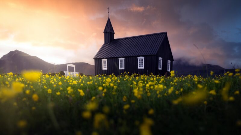 Iceland Chapel Alone at Sunset wallpaper 4K