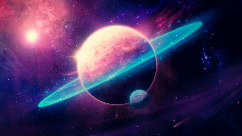 Ringed World Adrift in Nebula Light wallpaper 4K