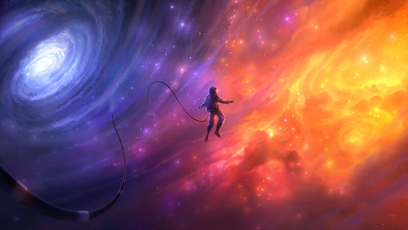 Astronaut Breaks Free From Spiral Galaxy wallpaper 4K