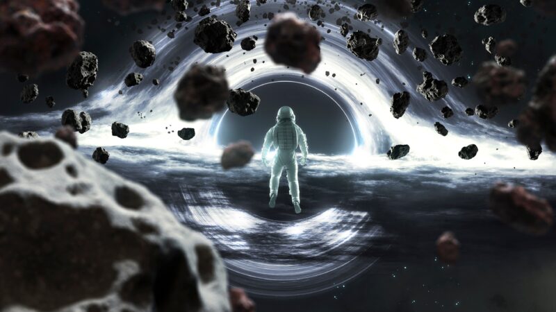 Astronaut Facing Gargantua Among Drifting Asteroids wallpaper 4K