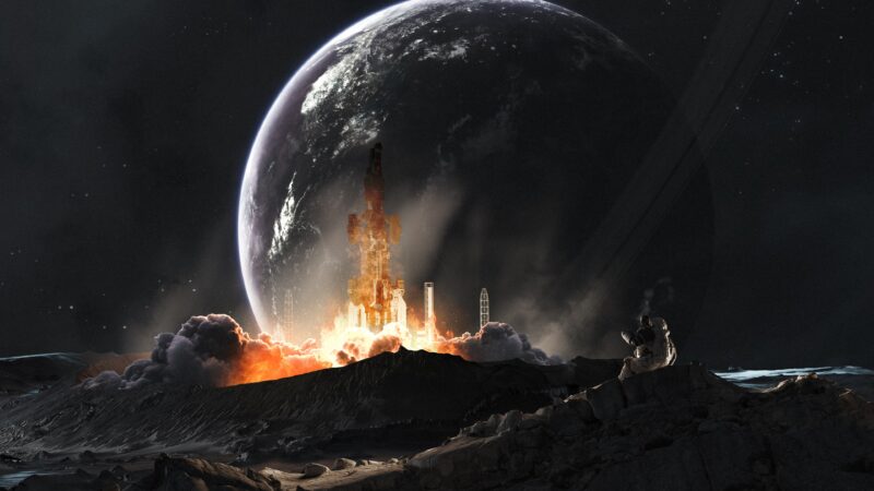 Astronaut Watching Rocket Launch Toward the Moon wallpaper 4K