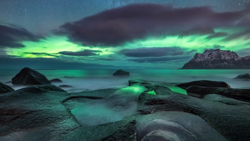 Aurora Borealis Dancing Over Lofoten Shores wallpaper 4K