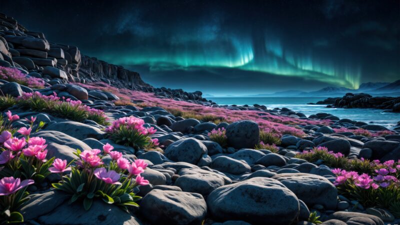 Aurora Borealis Over Rocky Arctic Shore wallpaper 4K