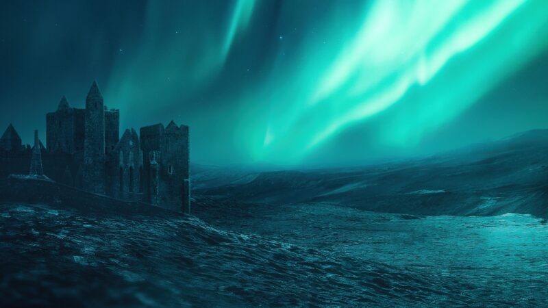 Castle Northern Lights | Dramatic Night Sky Desktop wallpaper 4K