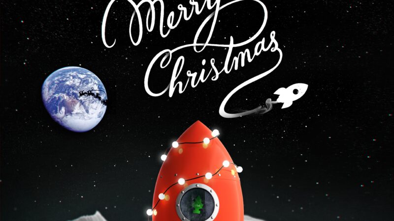 Christmas Rocket Soaring Past Earth And Moon wallpaper 4K
