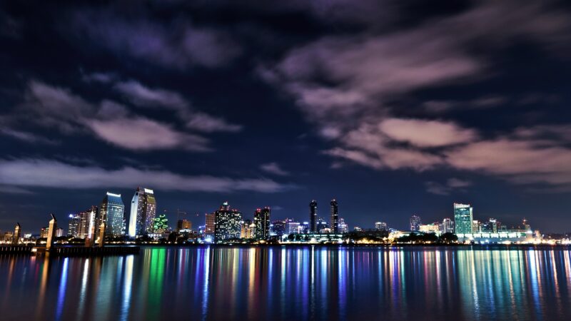 City Skyline at Night | Reflective Water Desktop wallpaper 4K