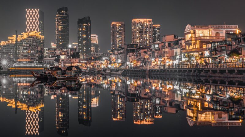 City Skyline at Night | Reflective Urban Desktop wallpaper 4K