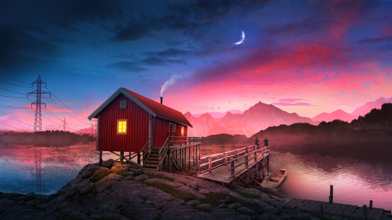 Cozy Cabin Romance Under Crescent Moonlight wallpaper 4K