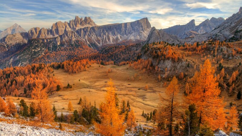 Dolomites Valley Autumn Foliage Rocky Peaks Desktop Wallpaper 4K wallpaper 4K