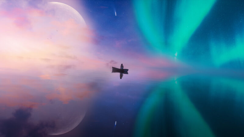 Dreamlike Girl Rowing Beneath the Northern Lights wallpaper 4K
