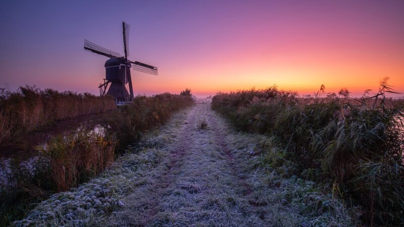Dutch Windmill Frost Dawn Sunrise Desktop Wallpaper 4K wallpaper 4K