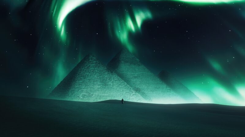 Egyptian Pyramids Beneath a Dreamlike Aurora wallpaper 4K