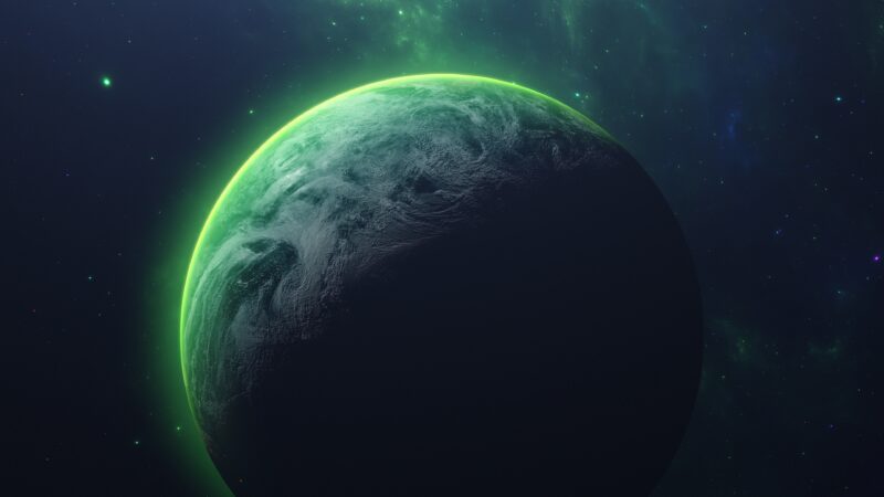 Emerald Planet Orbiting in Dark Cosmos wallpaper 4K