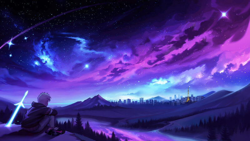 Anime Boy Sitting on Hill with Glowing Sword Cityscape 4K Desktop W… wallpaper 4K