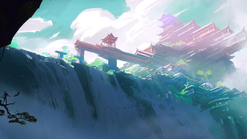 Fantasy Asian Pagoda Waterfall Cliffside Desktop Wallpaper 4K wallpaper 4K