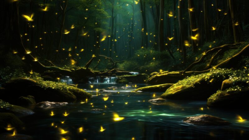 Firefly Forest 4K Desktop Wallpaper | Glowing Stream Nature wallpaper 4K