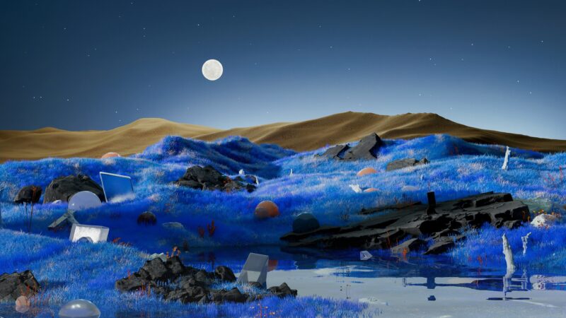 Full Moon Rising Over Surreal Blue Landscape wallpaper 4K