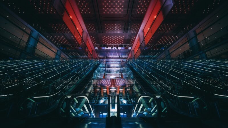 Futuristic Escalator Red Grid Corridor Desktop Wallpaper 4K wallpaper 4K