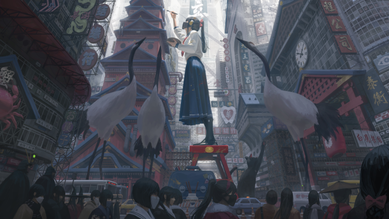 Tokyo Cityscape with Giant Crane Statues Desktop Wallpaper 4K wallpaper 4K