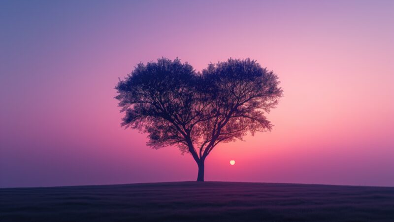 Heart-Shaped Tree Against a Pink Sunset wallpaper 4K