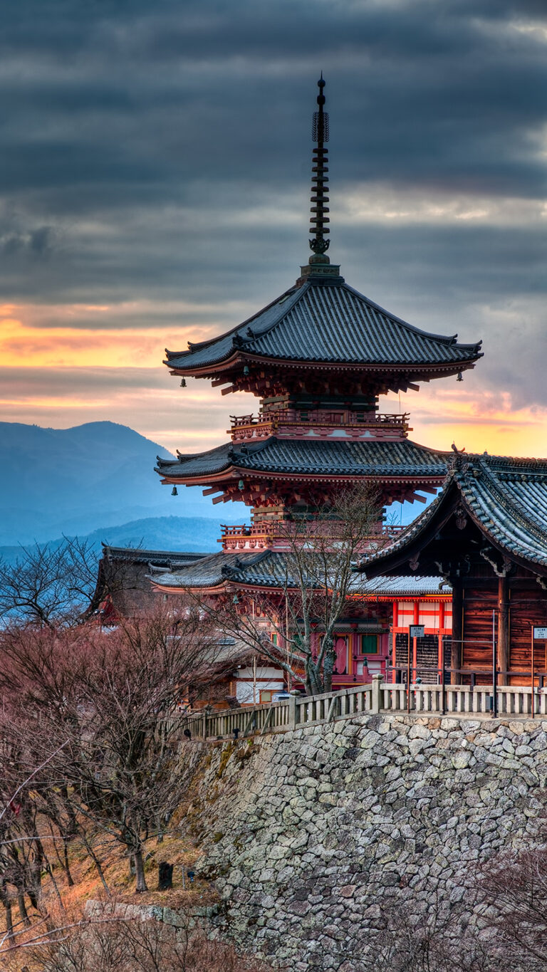 Japanese Pagoda Sunset Mountain Sky iPhone Wallpaper 4K wallpaper 4K