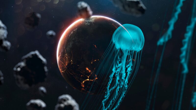 Jellyfish Glowing Among Asteroid Fields wallpaper 4K