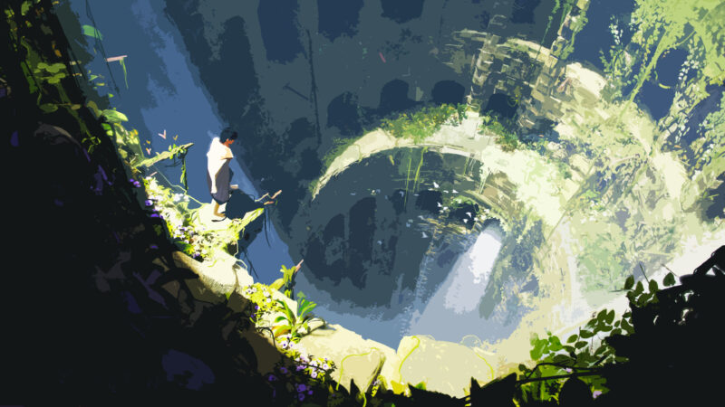 Man in White Shirt Looking Down into a Hole in the Ground Wall… wallpaper 4K