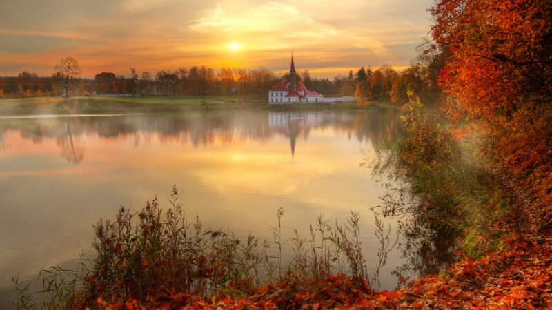 Lakeside Church Reflection Autumn Sunset Desktop Wallpaper 4K wallpaper 4K