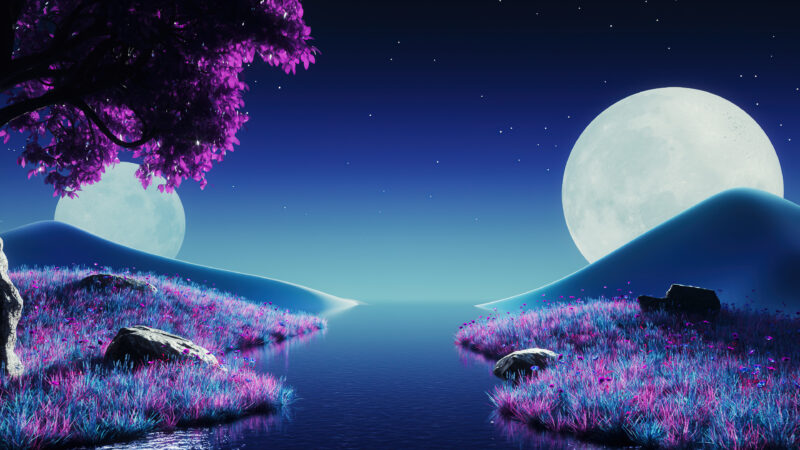 Lavender River Glowing Beneath Purple Moonlight wallpaper 4K