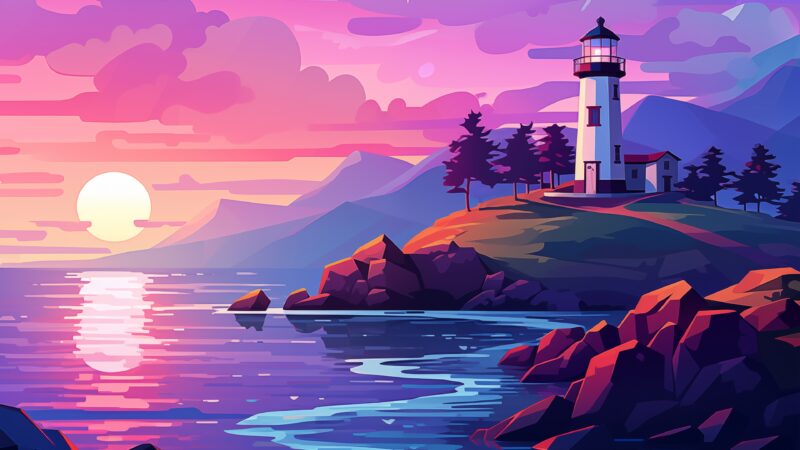Lighthouse Sunset Coast | Golden Hour Ocean Desktop wallpaper 4K