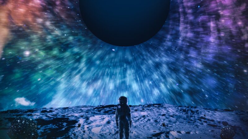 Lone Voyager Wanders Surreal Cosmic Planes wallpaper 4K