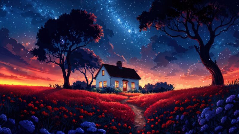 Lonely House Under the Milky Way wallpaper 4K