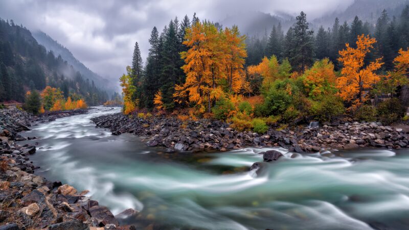 Misty Autumn River Over Rocky Shore wallpaper 4K
