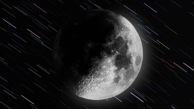 Monochrome Moon Trailing Stars In Black wallpaper 4K
