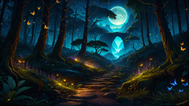 Moonlit Forest Path of Glowing Butterflies wallpaper 4K