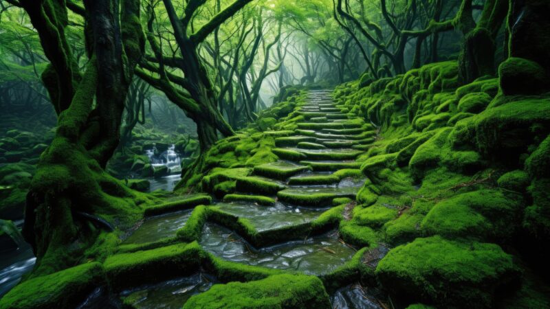 Mossy Forest Path Bathed in Sunlight wallpaper 4K