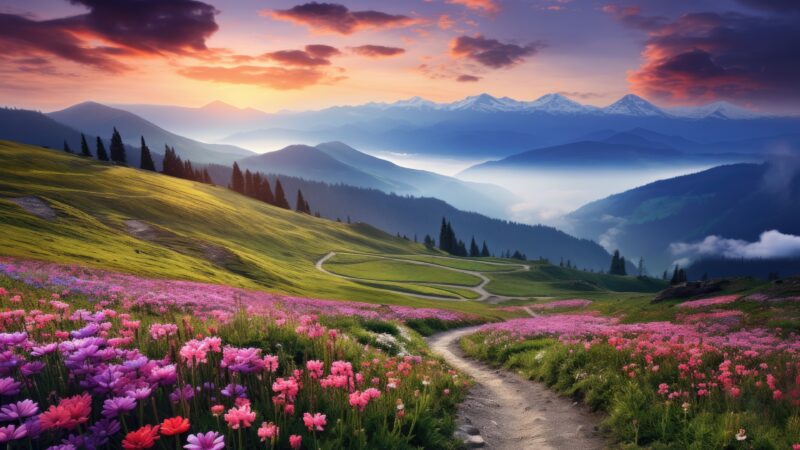 Mountain Meadow Path | Scenic Desktop View wallpaper 4K