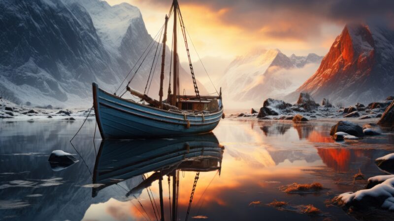 Mountain Reflection 4K Desktop Wallpaper | Blue Boat Norway Scene wallpaper 4K