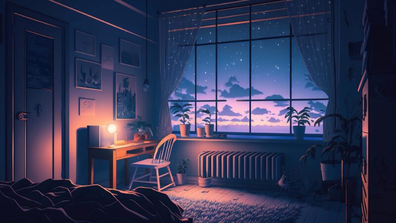 Night Sky Bedroom | Cozy Window View Desktop wallpaper 4K