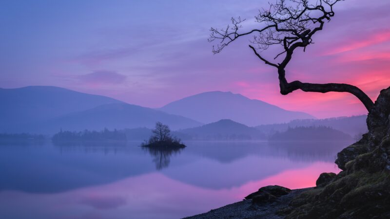 Pastel Mountain Lake Silhouette At Dusk wallpaper 4K