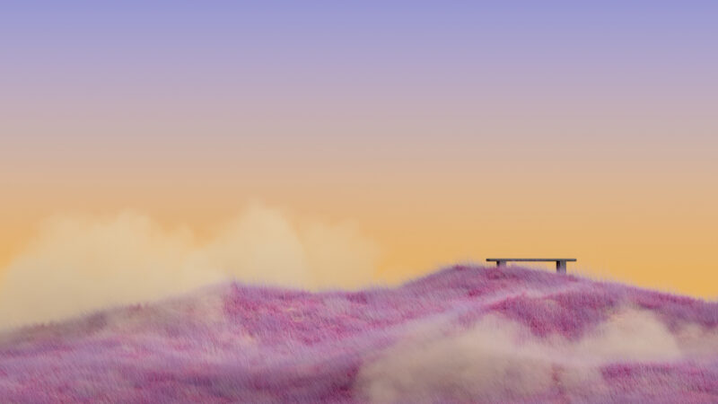 Pink Grass Bench Against Yellow Sky wallpaper 4K