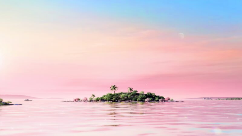 Pink Tropical Island Lined With Palms wallpaper 4K