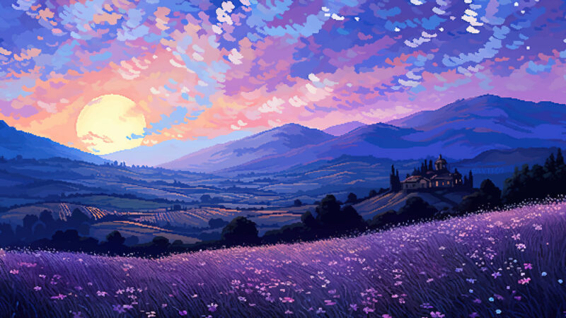 Pixel Art Tuscany Lavender Fields at Sunset wallpaper 4K