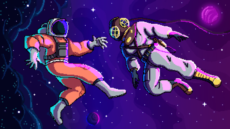 Pixel Astronauts Drifting Through Retro Cosmos wallpaper 4K