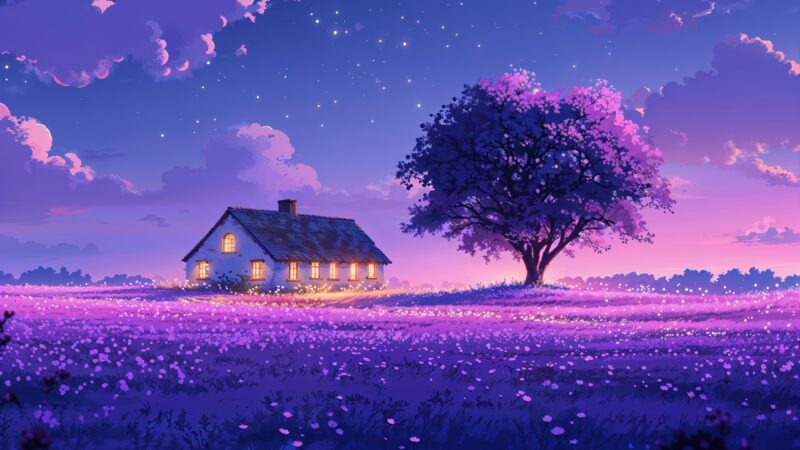Purple Night Sky Drifts Over Countryside wallpaper 4K