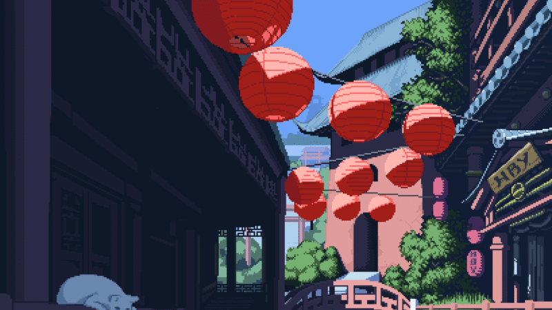 Red Lantern Canal Pixel Art Chinese Town iPhone Wallpaper 4K wallpaper 4K