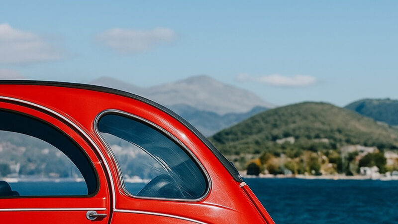 Red Vintage Car iPhone | Lakeside Summer Drive wallpaper 4K