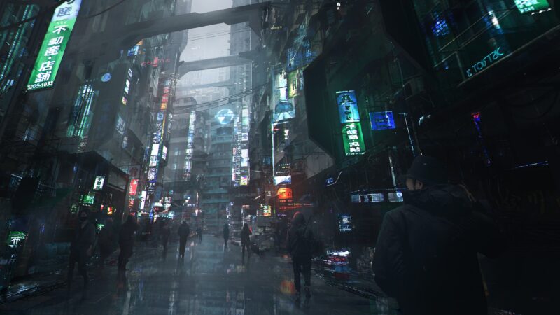Cyberpunk City Street Rain Night Desktop Wallpaper 4K wallpaper 4K