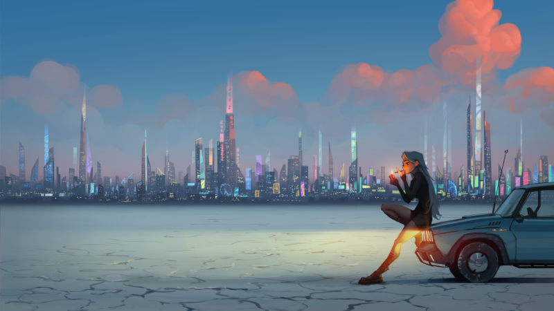 Woman Sitting Next to Car in Futuristic City Desktop Wallpaper 4K wallpaper 4K