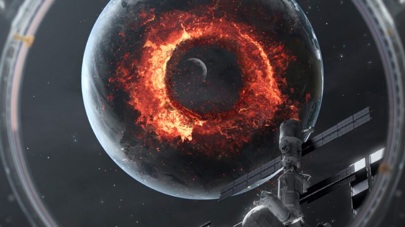 Spaceship and Satellites Drifting Past Silent Planets wallpaper 4K